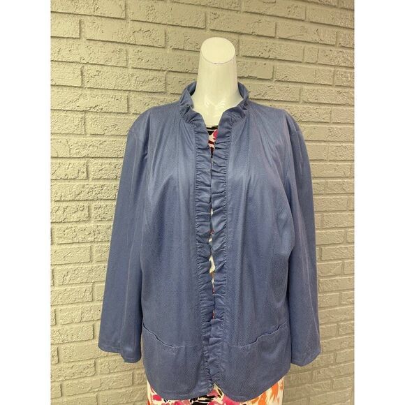 Chico’s Women Periwinkle Pebble Luxe Ruffle Open Front Blazer Size 3 (XL) - Picture 1 of 7